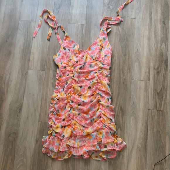 Lily Rose tie straps floral print rouched dress w ruffle S XL jrs - Picture 3 of 17